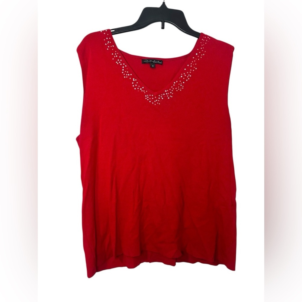 Red Sleeveless Top with Embellished Neckline